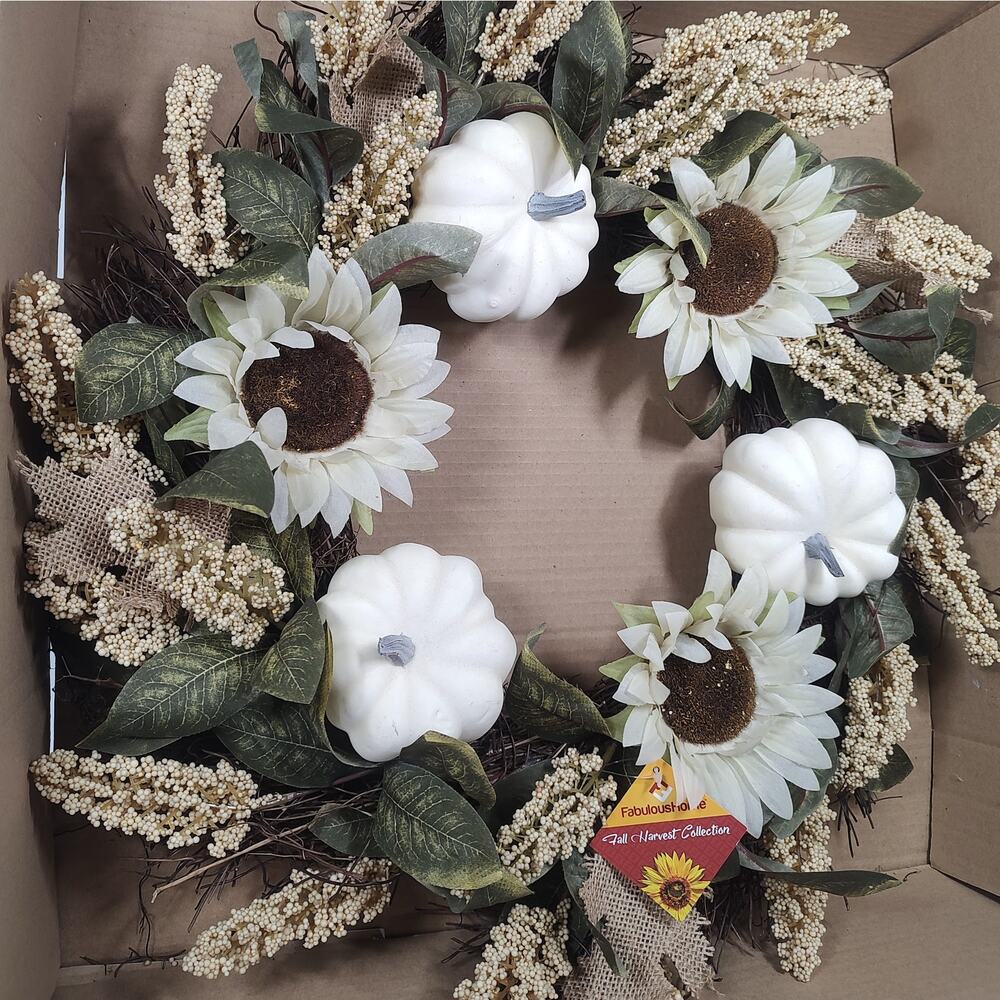 Neutral Fall Wreath White Pumpkins Sunflower Autumn Harvest Door Burlap Decor